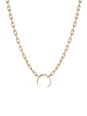 14k Gold Large Square Oval Link Chain Horn Pendant Necklace