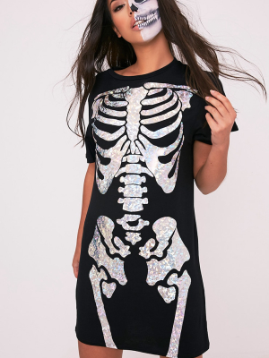 Holographic Skeleton Print Black T Shirt Dress