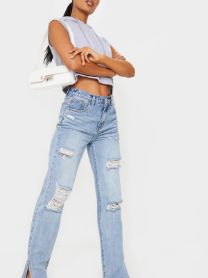 Light Wash Distressed Split Hem Jeans