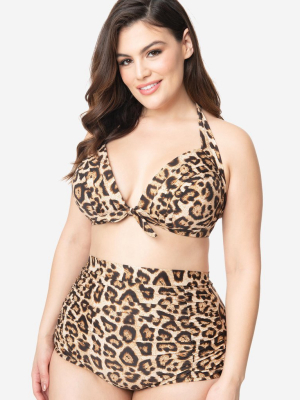 Unique Vintage Plus Size Leopard Print Monroe Halter Swim Top