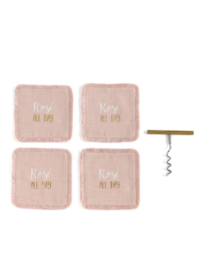 "rose All Day" Set Of Four Coasters And Corkscrew Gift Set - Pink - Shiraleah