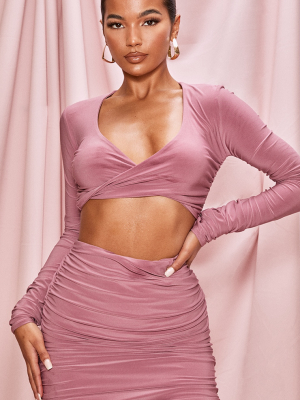 Dusty Pink Slinky Wrap Over Ruched Long Sleeve...