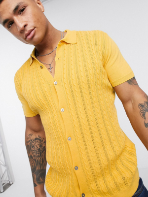 New Look Cable Button Through Knitted Polo In Mustard