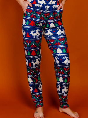 The Caribou Lous | Womens Navy Mating Deer Fairisle Christmas Pajama Bottom