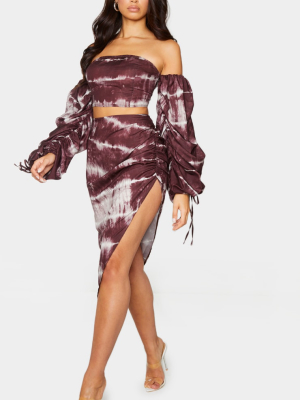 Brown Tie Dye Print Woven Ruched Front Midi Skirt