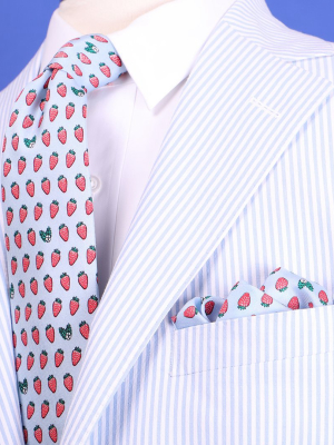 Limited Edition Nola Couture X Haspel Lt. Blue Strawberry Print Pocket Square - O/s