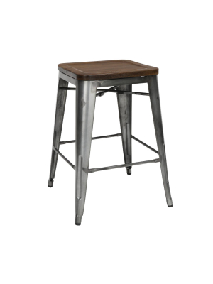 Set Of 4 26" Industrial Modern Backless Galvanized Steel Counter Height Barstools With Solid Ash Wood Seats - Ofm