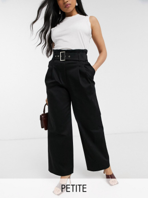 River Island Petite Wide Leg Belted Pants In Black