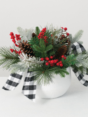 Sullivans Artificial Pine, Berry And Ribbon Arrangement 12"h Green