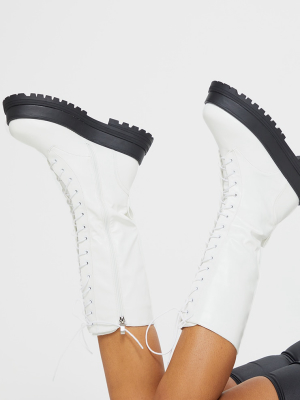 White Lace Up Calf Chunky Boots