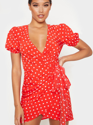 Red Polka Dot Tie Side Puff Sleeve Tea Dress