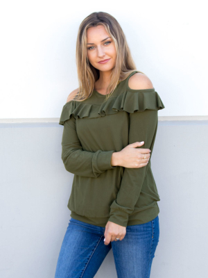 Ruffle Cold Shoulder Top - Olive