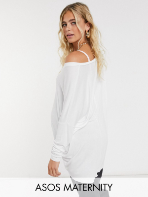 Asos Design Maternity Oversized V-neck Batwing Sleeve Top In White