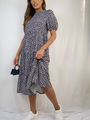 Black Dalmatian Print Puff Sleeve Tiered Hem...