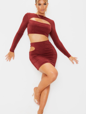 Brown Slinky Acetate Cut Out Side Mini Skirt