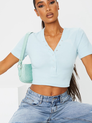 Baby Blue Rib Short Sleeve Popper Crop Top