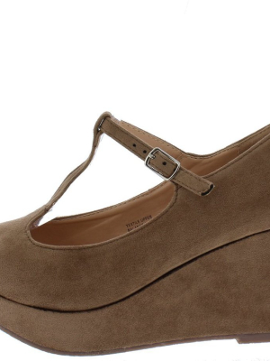 Samm196 Taupe Peep Toe T Strap Platform Wedge