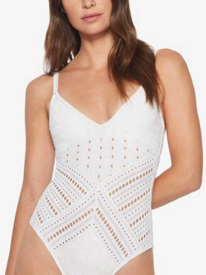 Robin Piccone Clarissa V Neck Crochet One Piece In White 180311-wht