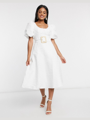 Asos Design Cupped Midi Dress With Belt And Puff Sleeves In Texture In White