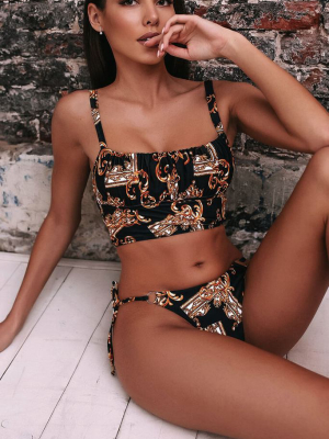 Baroque Print Tie Side String Crop Bikini Swimsuit - Two Piece Set