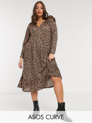 Asos Design Curve Midi Smock Dress With Grandad Collar In Animal Print