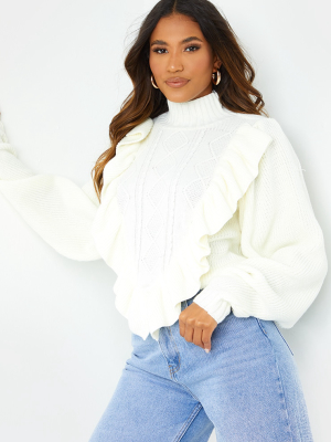 Cream Frill Cable Turtle Neck Sweater