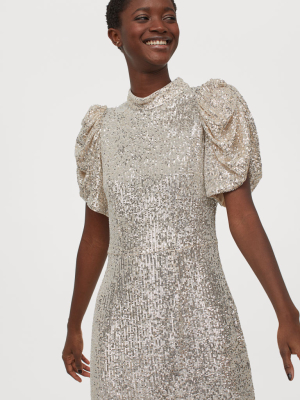 Puff-sleeved Sequined Dress