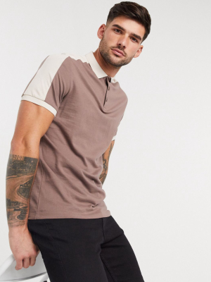 Asos Design Organic Polo Shirt With Contrast Shoulder Panel In Gray