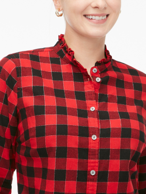 Button-front Flannel Top With Ruffled Collar