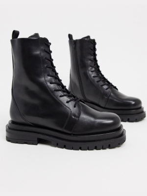 Asos Design Attic Premium Leather Chunky Lace Up Boots