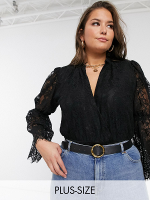 Saint Genies Plus Plunge Front Lace Sleeve Bodysuit In Black