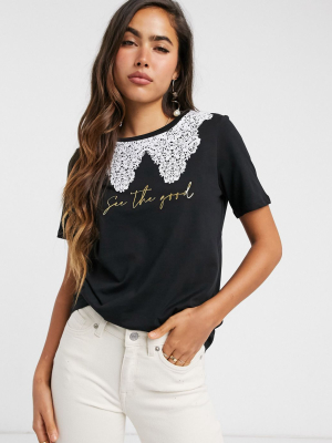 River Island See The Good Slogan Collared T-shirt In Black