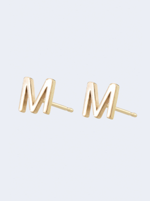 "m" Alphabet Letter Stud Earrings In Yellow Gold