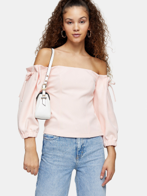 Blush Pink Tie Shoulder Crepe Bardot Blouse