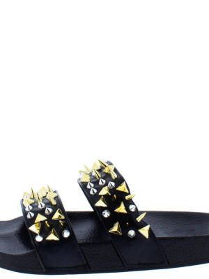 Diane077 Black Studded Dual Strap Open Toe Flat Sandal