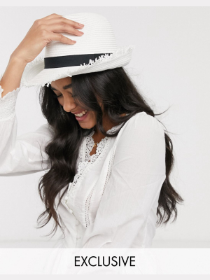 South Beach Exclusive White Straw Trilby With Frayed Edge And Size Adjuster