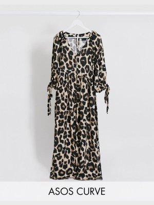 Asos Design Curve Smock Jumpsuit With Tie Sleeve Detail In Leopard Print