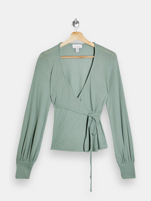 Sage Belted V-neck Ribbed Top