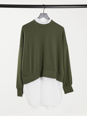 Noisy May Sweater With Shirt Trim In Khaki