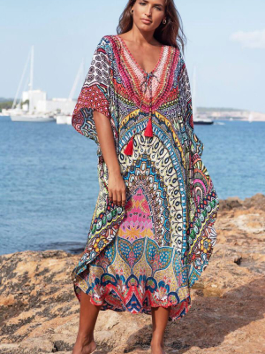 Ethnic Printed Sleeved Tie Front V Neck Maxi Cover Up