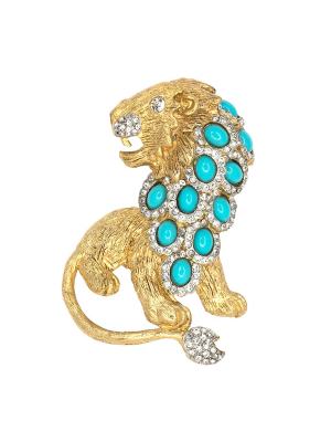 Turquoise & Gold Lion Pin