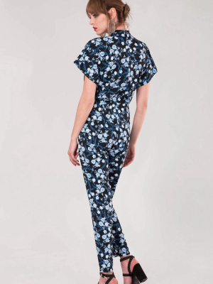 Navy Floral Wrap Front Kimono Jumpsuit