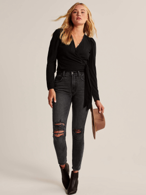 Wrap-front Puff Sleeve Blouse