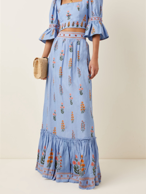 Algodon Dahlia Hand-embroidered Linen Maxi Skirt