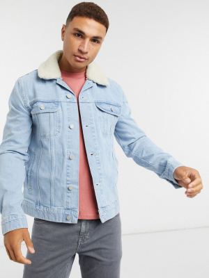 Asos Design Denim Jacket With Detachable Fleece Collar In Light Wash