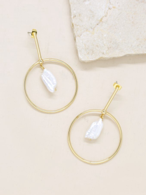 Modern 18k Gold Plated & Freshwater Pearl Drop Hoop Earrings
