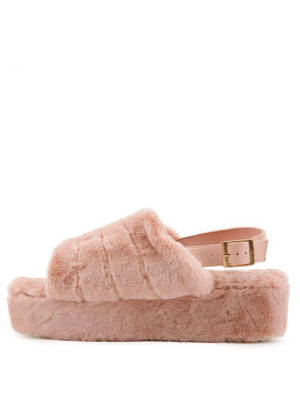 Kathy179 Blush Faux Fur Slingback Platform Mule Wedge