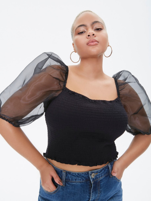 Plus Size Smocked Organza-sleeve Top