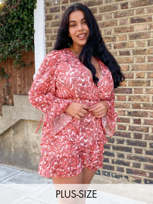 In The Style Plus Plus X Saffron Barker Wrap Detail Balloon Sleeve Ruched Dress In Coral Paisley Print