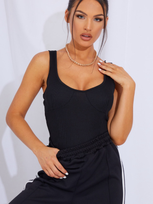 Black Rib Sleeveless Scoop Neck Bodysuit